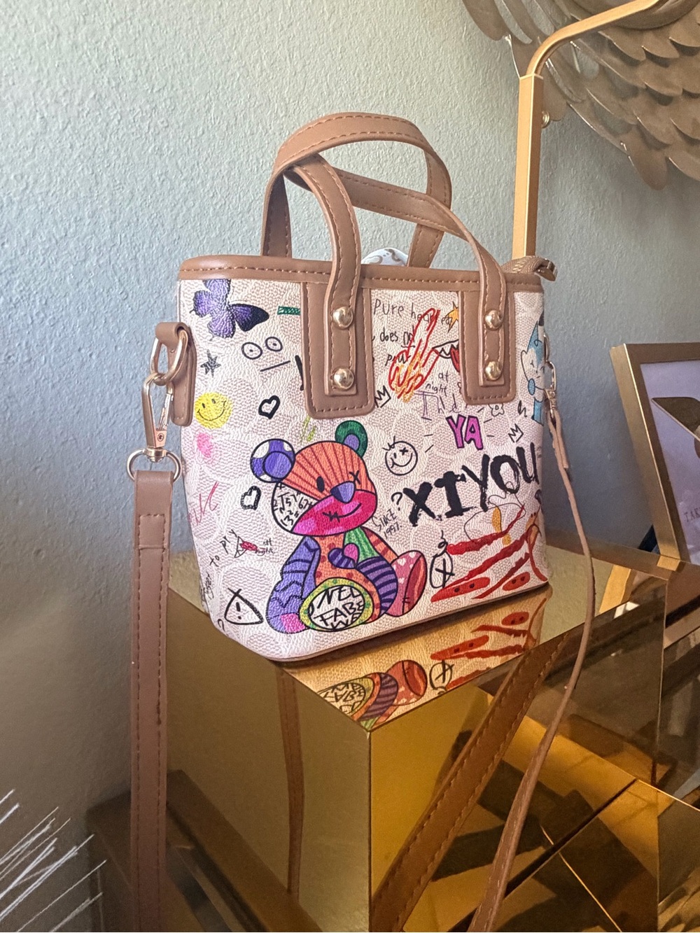 Graffiti Teddy Bear Mini Satchel Crossbody Bag Cute Kawaii Street Art NWOT - Picture 4 of 13
